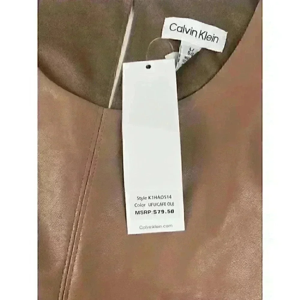NEW! Calvin Klein Women's L Sleeveless Faux Leather Top In Cafe Ole NWT $79.50 - Picture 2 of 2